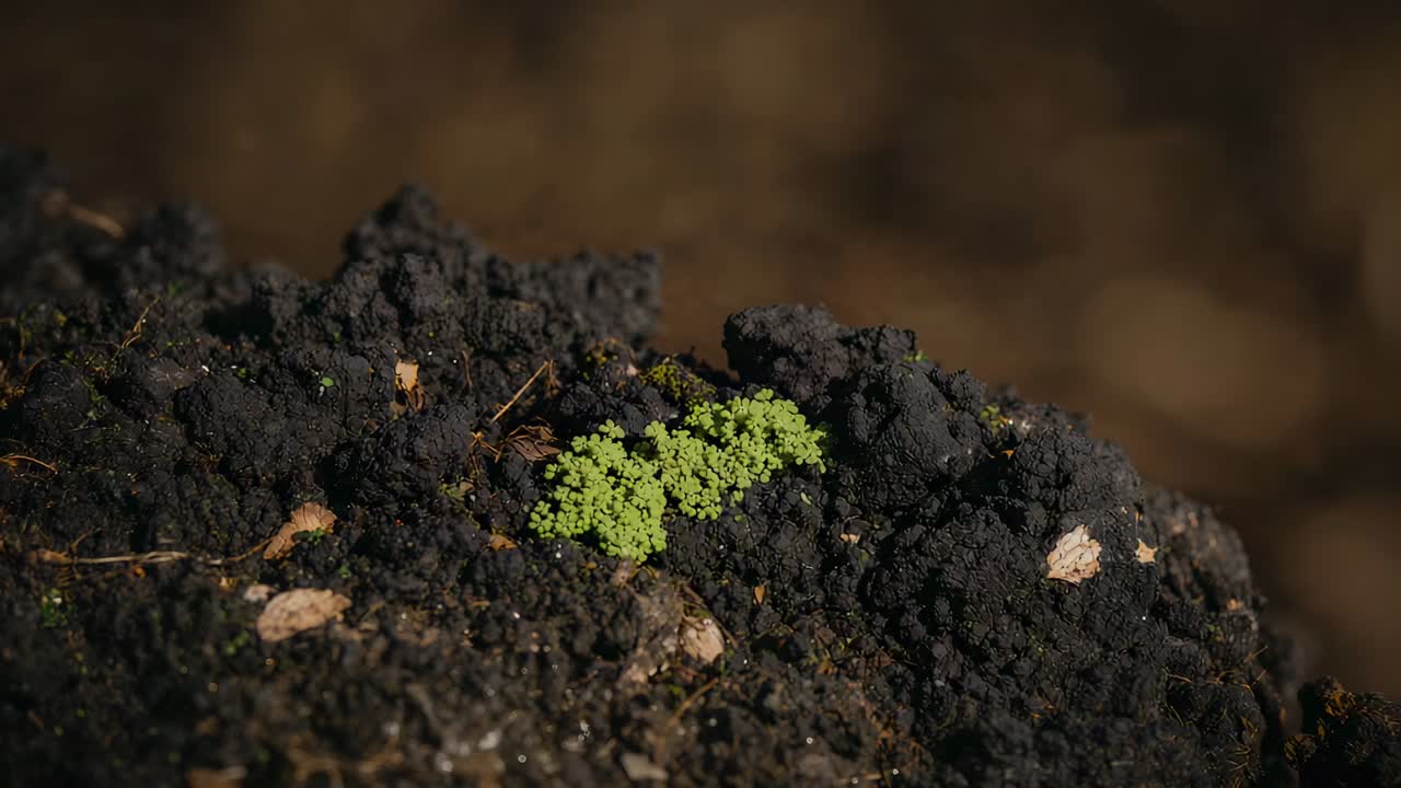 Recording camera pulling focus and shifting frame over green moss on dark rock, revealing texture