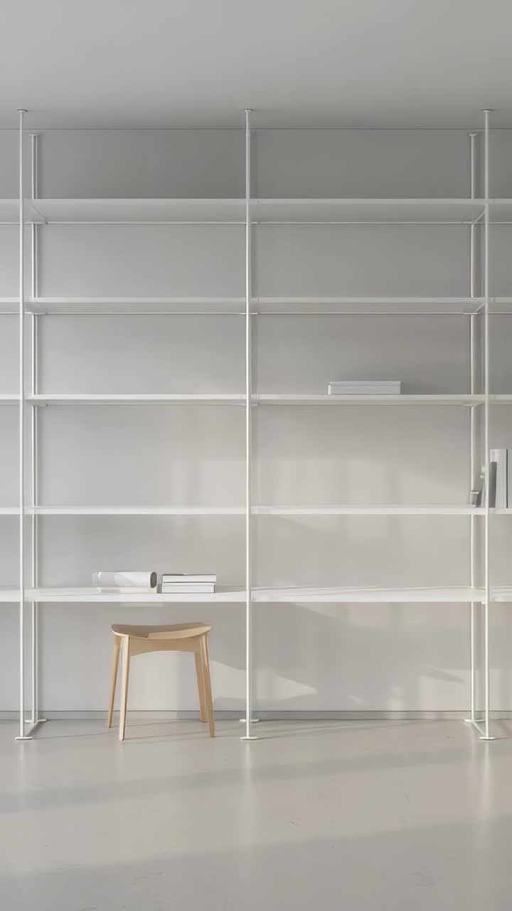 Vídeo vertical: la luz del sol cambiante proyecta sombras en estanterías blancas en una habitación, mostrando un taburete y libros