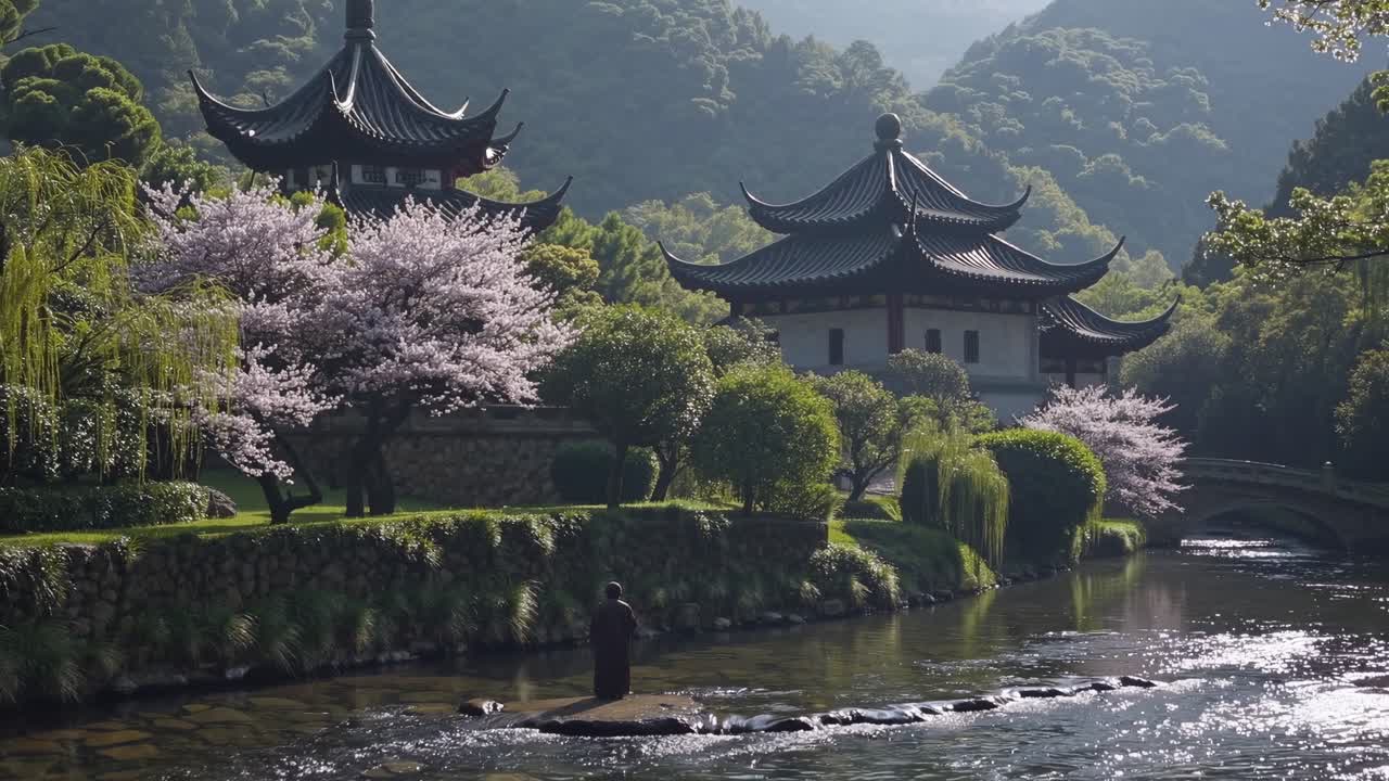 Video di paesaggio sereno con una vista dal basso di pagode tradizionali, fiori di ciliegio e un ambiente tranquillo