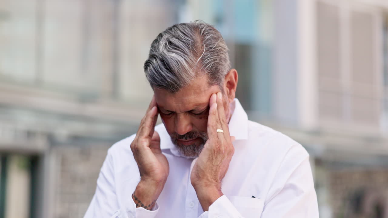hombre de negocios con dolor de cabeza en la ciudad