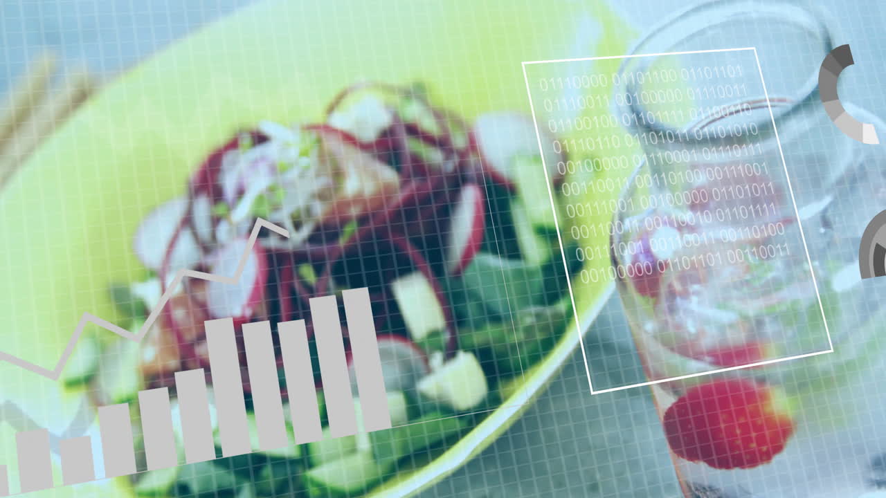 Salad and drink with data graphs and binary code overlay animation