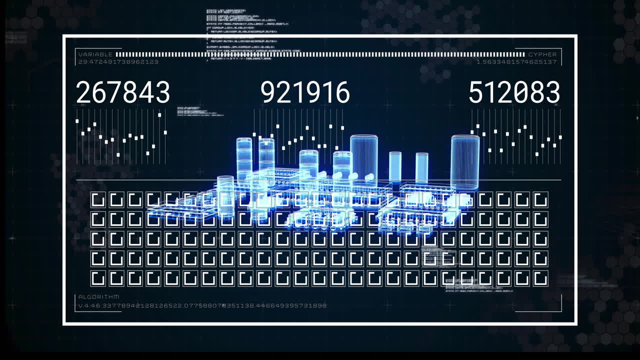 디지털 인터페이스를 통해 바 그래프와 숫자를 가진 데이터 시각화 애니메이션