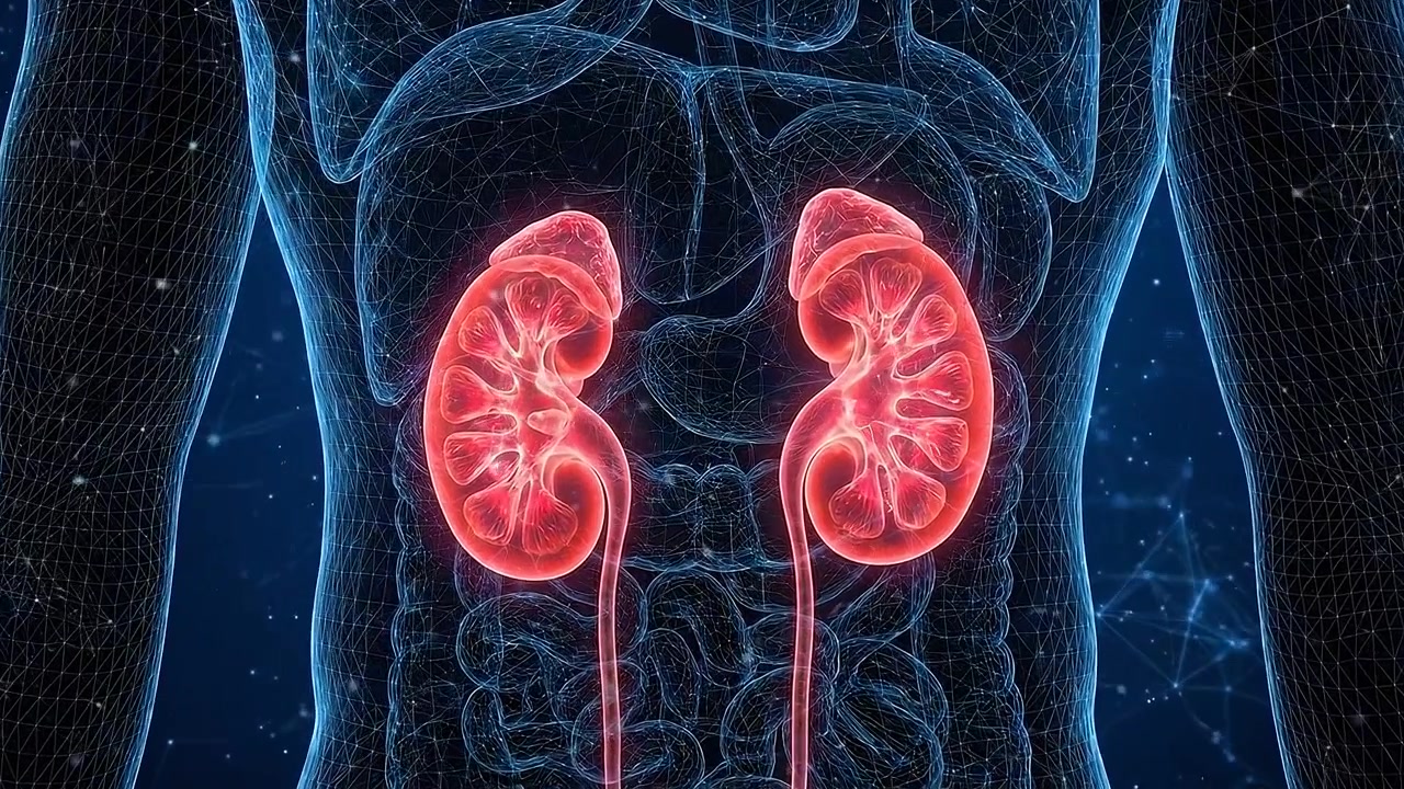 Kidney anatomy visualization with highlighted renal organs in transparent body