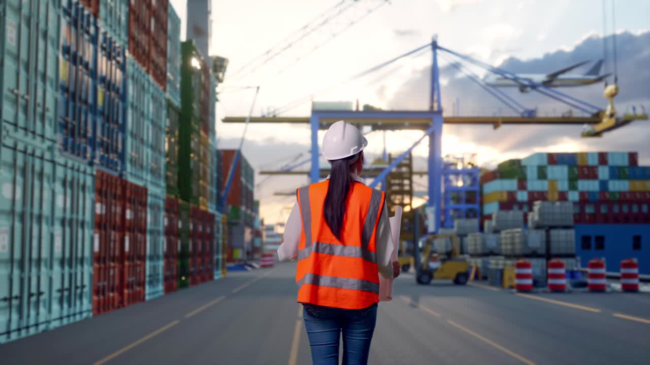 Back of Asian Female Engineer Looking At Blueprint In His Hands While Walking at Port with Container Ship and Cranes at Sunset