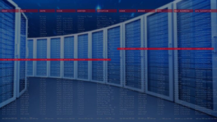 Computer servers against a backdrop of stars, with coding symbols floating in the air