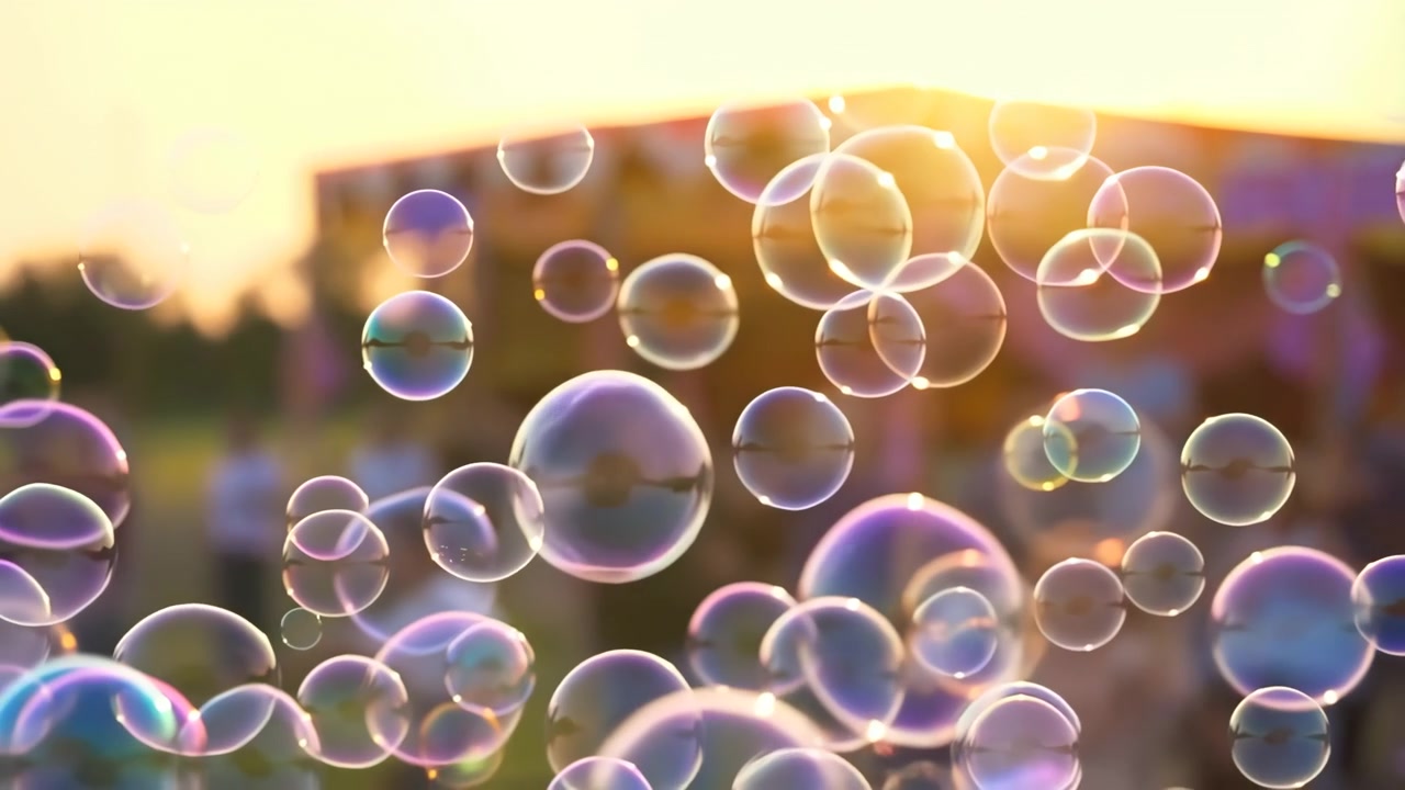 Dozens of translucent bubbles drift and overlap in foreground while warm low sun creates glowing rims, pastel shimmer, soft bokeh, and lively atmosphere over blurred crowd, with bubble, soap