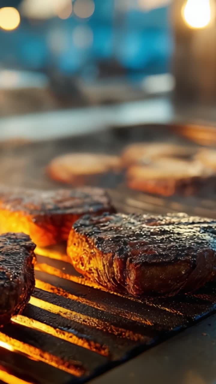 Bistecche sfrigolanti sulla griglia: un viaggio culinario attraverso la carne perfettamente cotta con bellissimi segni della griglia e aromi affumicati che stuzzicano i sensi