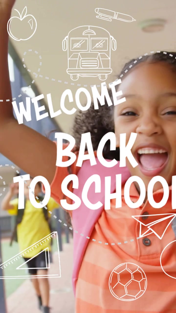 Vertical video: Girl arriving, waving, greeting peers, pink backpack overlay WELCOME BACK TO SCHOOL