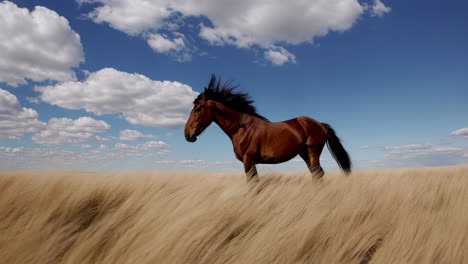 a majestic brown horse stands in a golden field under a blue sky