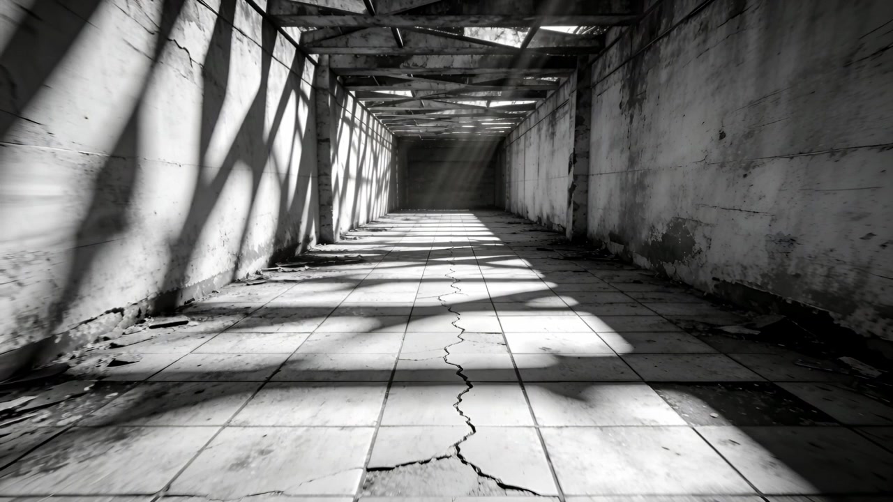 Starting camera advancing showing corridor tile crack, roof beams casting shadows, leading eye in