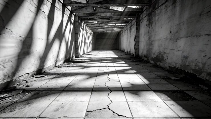 Starting camera advancing showing corridor tile crack, roof beams casting shadows, leading eye in