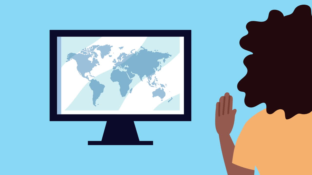 joven con un mapa de la tierra en la computadora