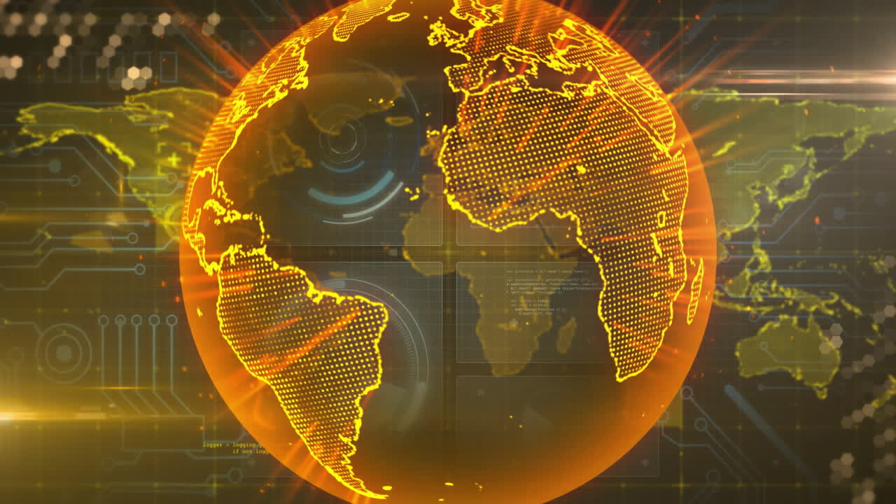 Animation of glowing digital globe with network connections over tech background