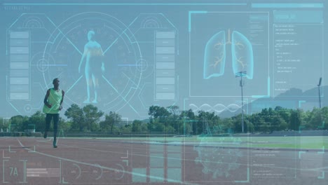 animation of digital interface over african american man with a physical disability running