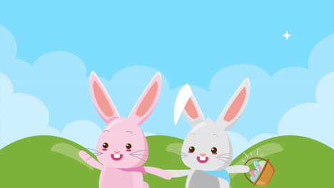 feliz pascua tarjeta animada con conejos pareja en el campo