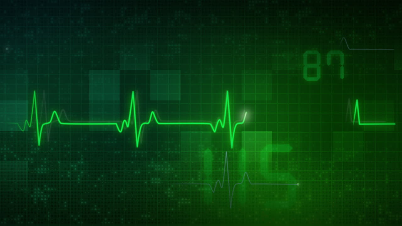 Cardiogram of heart beat. Abstract green background with medical indicators of heart rate. Looped animation with numbers.