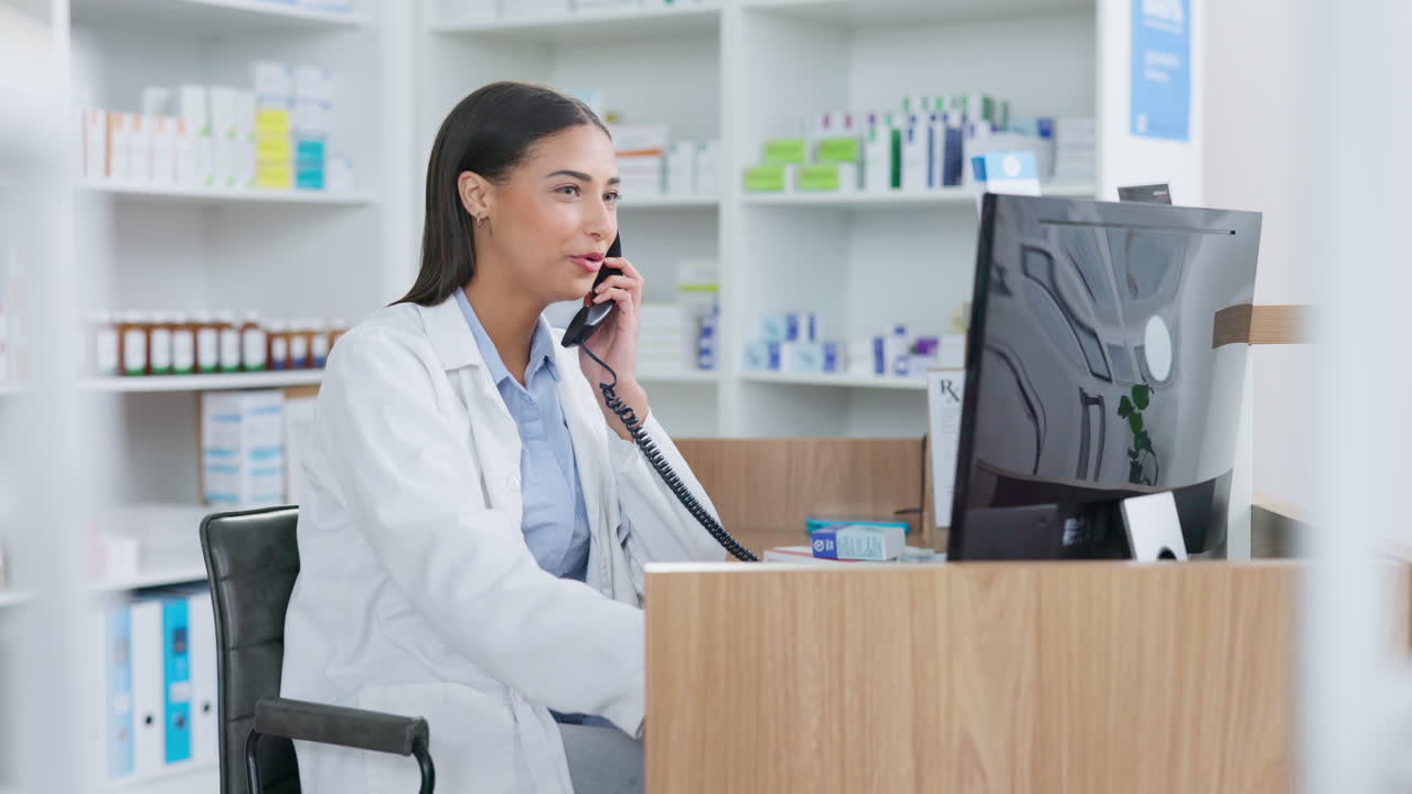 약사 여성이 전화로 이야기하고 있습니다.