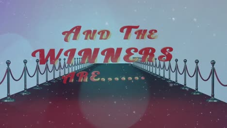 animation of and the winners are text over red carpet venue with snow and bokeh light spots