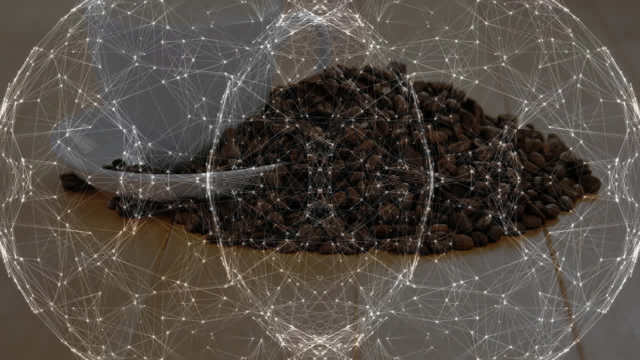 Central coffee beans stacking before ceramic cup on wood surface under network overlay 3D render