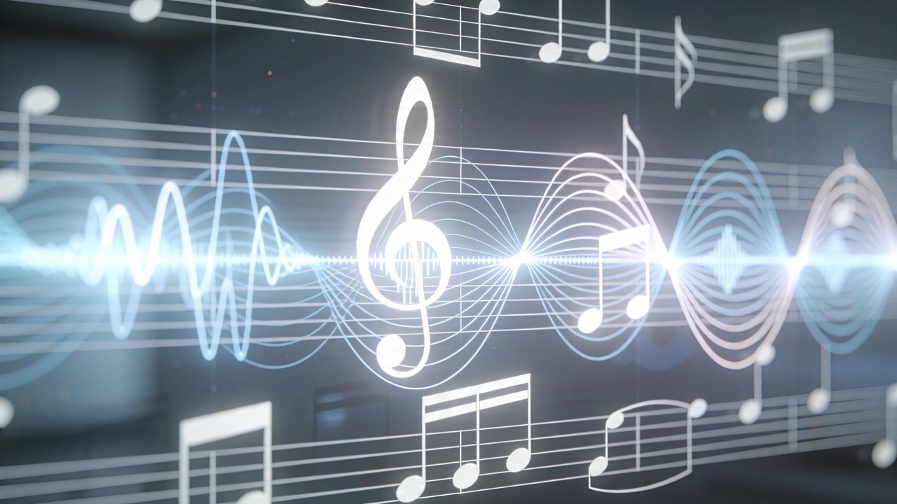 Pulserende musikgrafik sender bølgeform mod højre efter et pulsslag i et sløret rum, med diskantnøgle og noder.