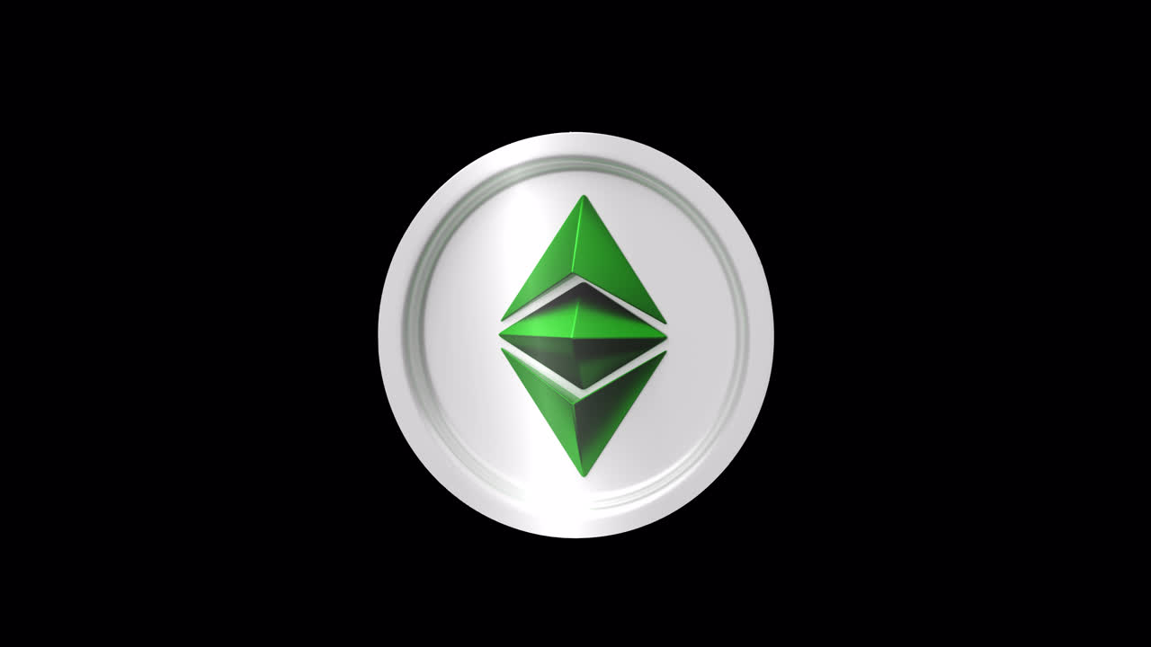 3D-roterende Ethereum kryptovaluta mønt på sort baggrund.