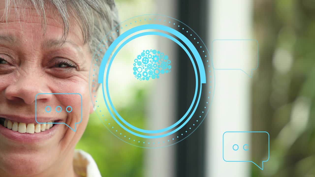 Mature woman smiling by window, smile starting pulsing brain icon and chat bubbles for health