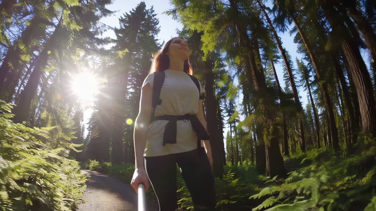 Woman Hiking in a Sunny Forest