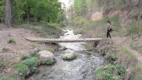 fit hiker woman walking across a small wooden bridge over a clear stream, surrounded by dense foliage and tall trees
