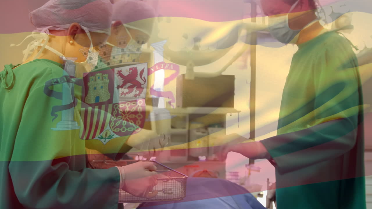 animación de la bandera de españa sobre diversos cirujanos con máscaras faciales