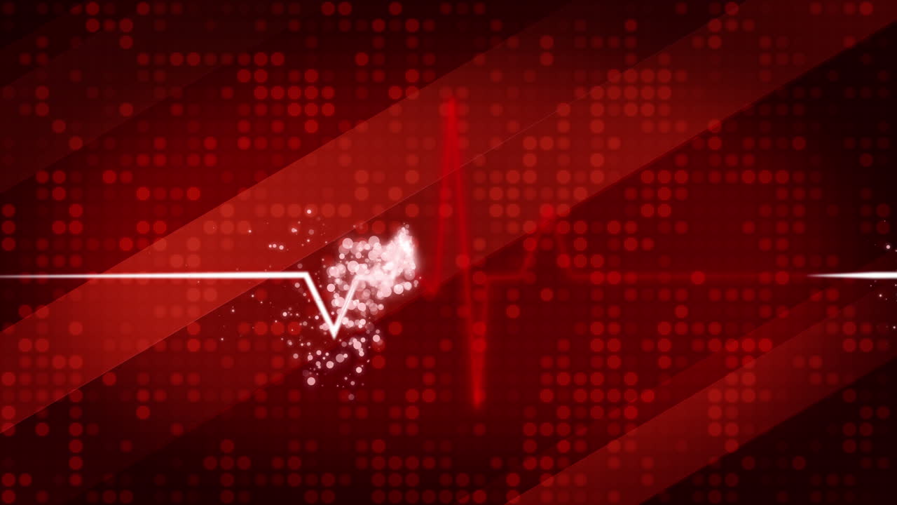 Red medical looping screensaver. Heart cardiogram line with animated small glowing particles. Pixel flashing background.