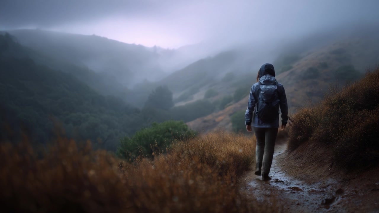 A solitary hiker ventures through a misty landscape, surrounded by lush hills and hazy skies, creating a serene yet mysterious atmosphere in nature.