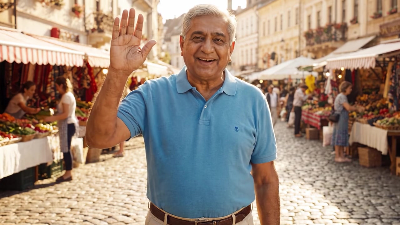 Una passeggiata gioiosa attraverso un mercato vivace, pieno di prodotti freschi e venditori allegri, che mostra lo spirito della comunità e il calore della cultura locale