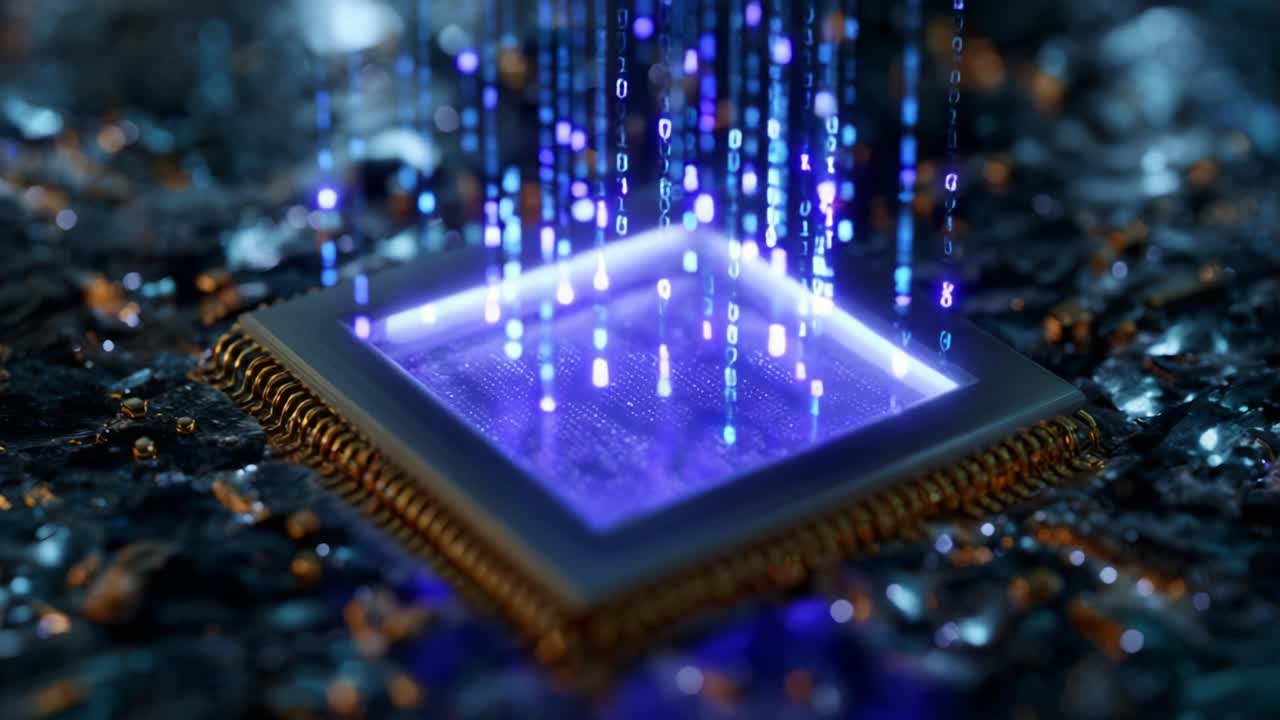 Abstract representation of a microprocessor surrounded by vibrant, glowing binary code cascading down, illustrating the intersection of technology and data in a futuristic digital landscape