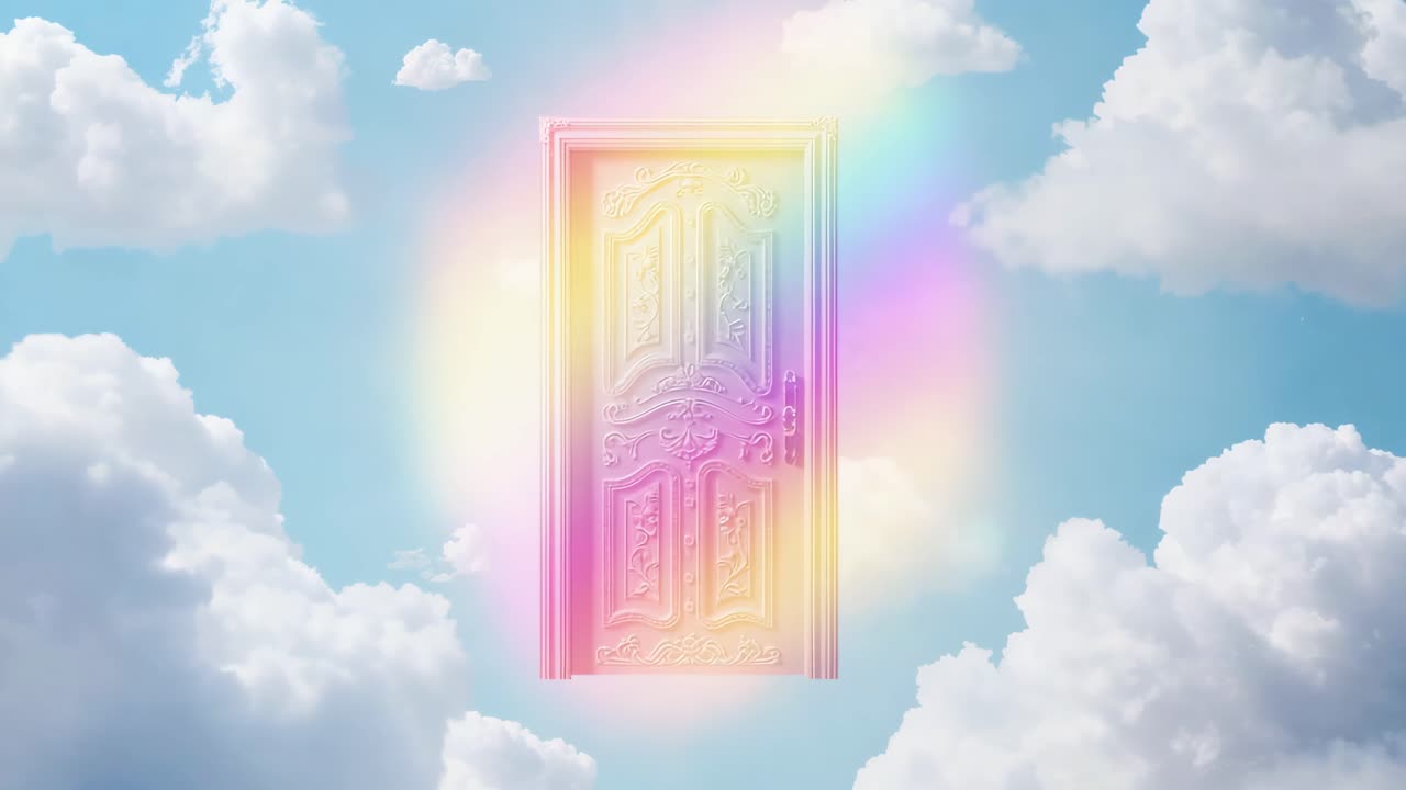 A dreamy door in the sky with a rainbow