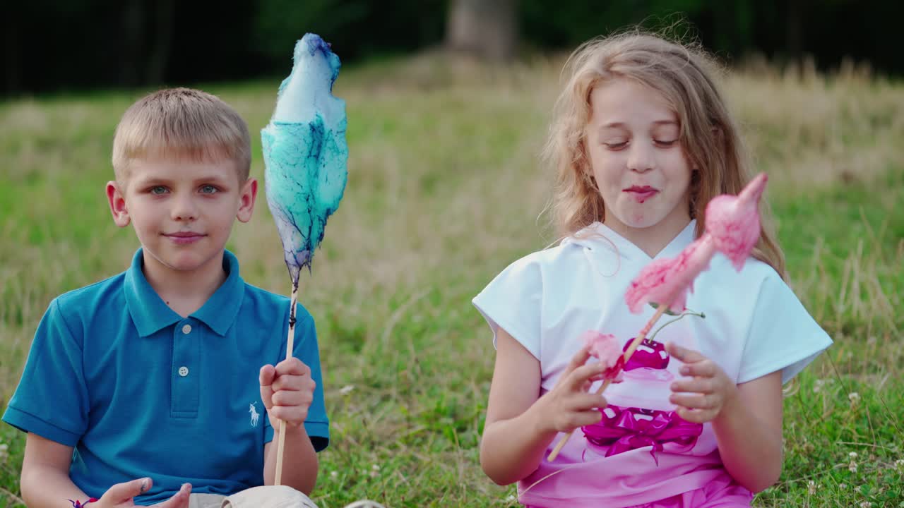 Happy kids eating cotton candy. Cute children with color cotton candy