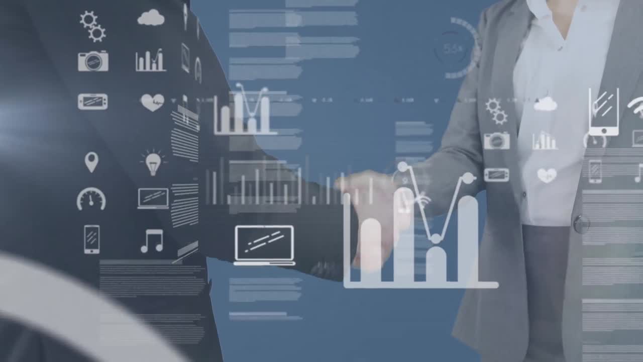 animación del procesamiento de datos financieros sobre hombres de negocios caucásicos que se dan la mano