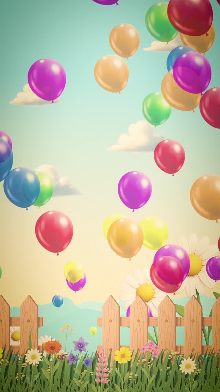 Orientamento verticale (9:16) di un luminoso giardino estivo con margherite e palloncini colorati fluttuanti. Animazione in loop continuo ottimizzata per schermi mobili e storie sui social media.