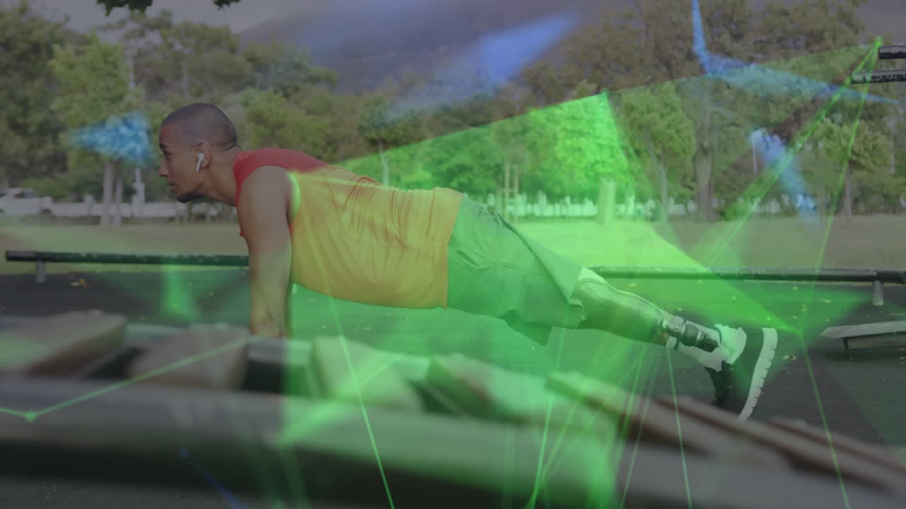 animación de una red de comunicación amarilla sobre un atleta masculino con una pierna protésica haciendo abdominales