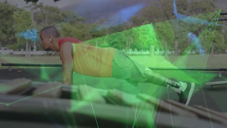 animación de una red de comunicación amarilla sobre un atleta masculino con una pierna protésica haciendo abdominales