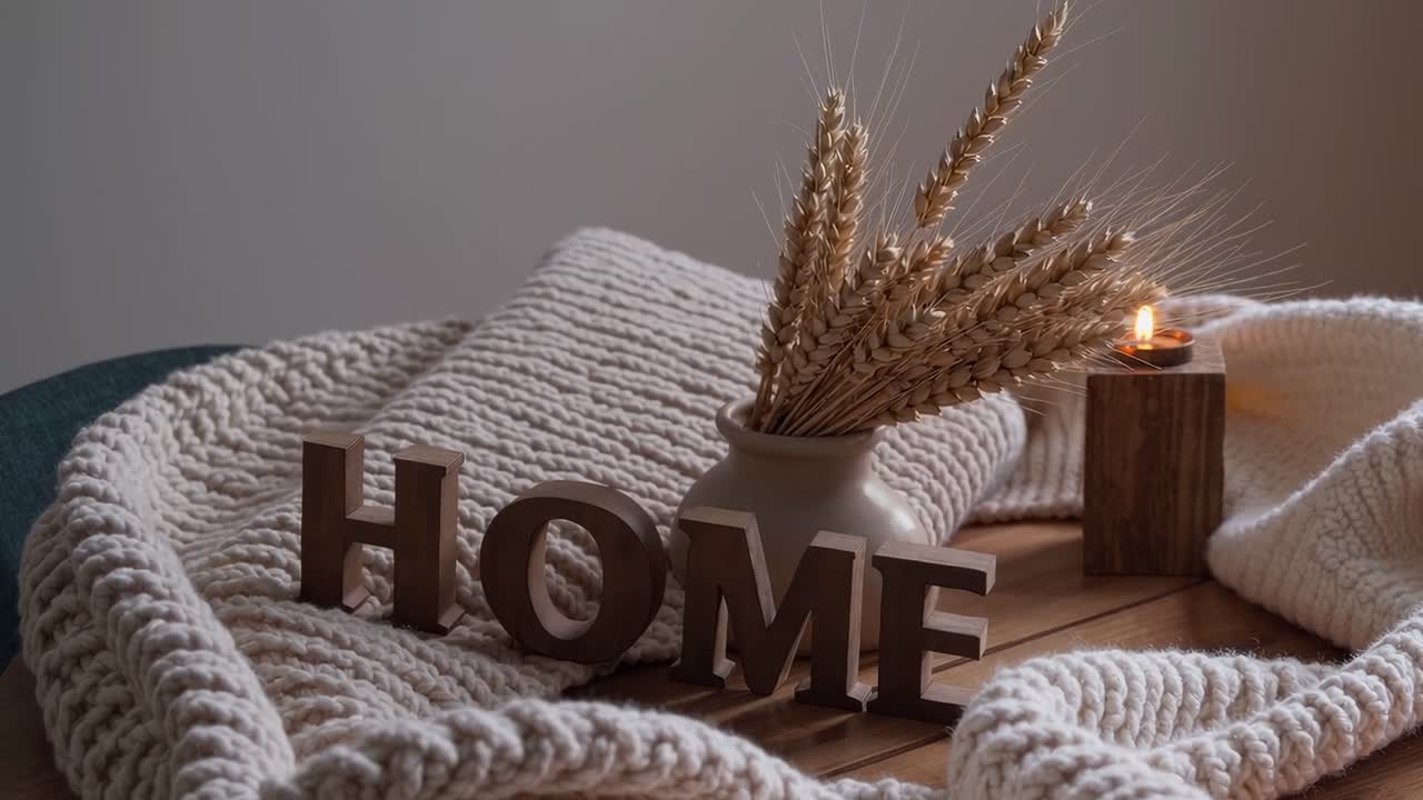 Wooden letters forming the word home lying on a wooden table with a knitted plaid, a vase with wheat ears and a burning candle, creating a cozy Scandinavian atmosphere