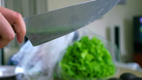 slow motion of a hand with sharp knife and slice green cucumber