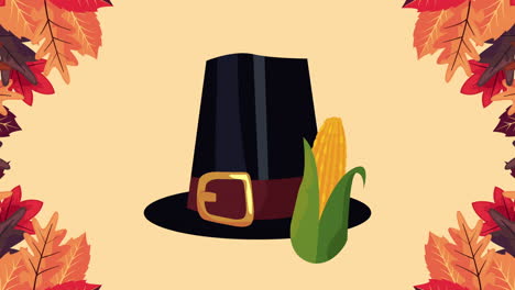 happy thanksgiving animation with pilgrim hat and corn