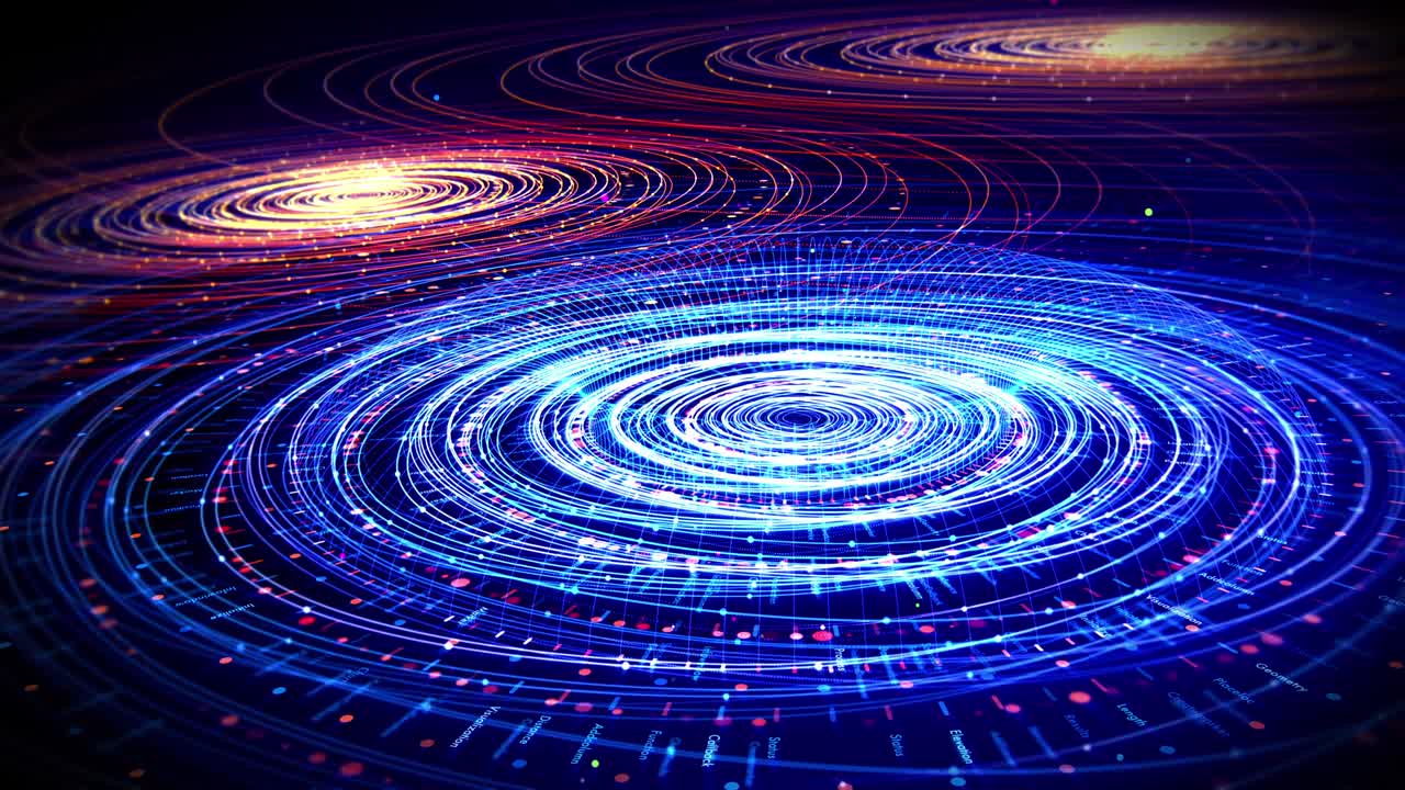 디지털 추상적인 모양은 빈 공간에서 천천히 회전하고 움직입니다.