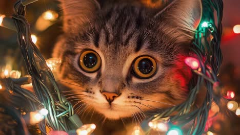 curious tabby kitten playing near sparkling holiday lights, pawing colorful ornaments with bright eyed excitement and mischievous charm