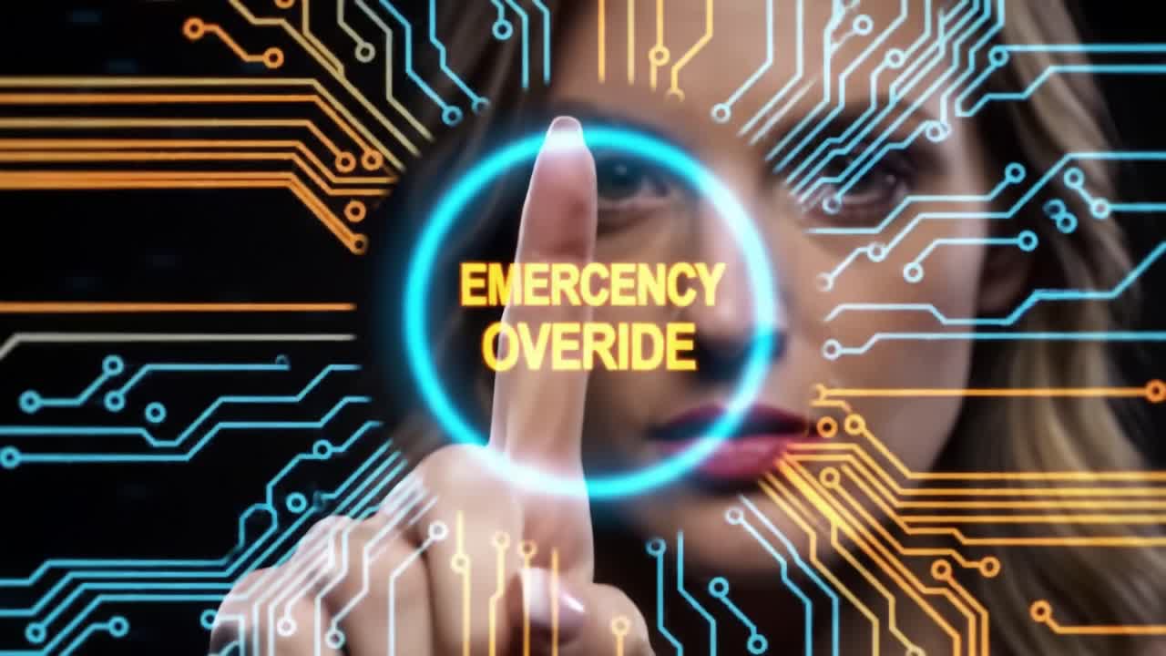 A Glimpse into the Digital Realm: A Woman Engaging with a High-Tech Interface Displaying an Emergency Override Command Amidst Futuristic Circuitry Imagery