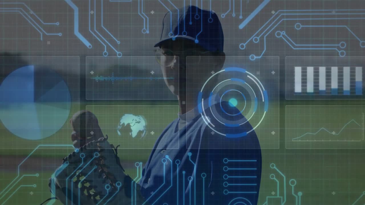 Baseball player shifting glove as translucent HUD fades in, displaying pitch analytics with charts