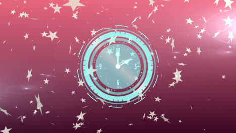 animation of clock moving and stars falling on pink background