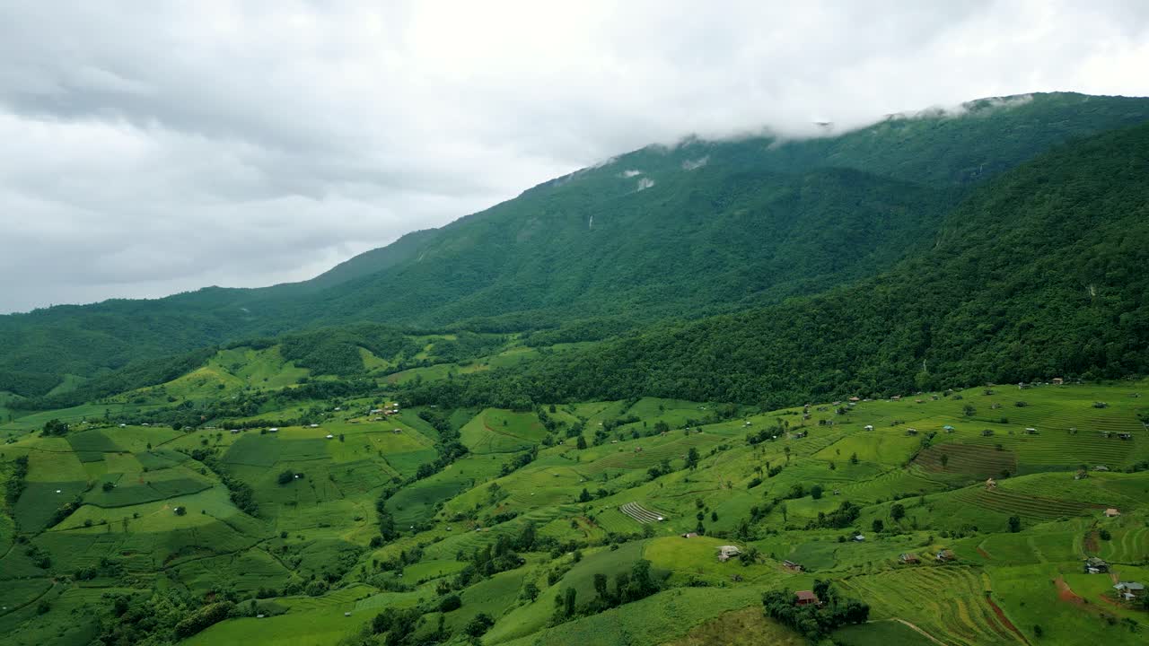 4k кинематографическая природа воздушные съемки красивых гор и рисовых террас бан-па-понг-пянг в дои-итаноне рядом с чианг-май, таиланд в облачный солнечный день
