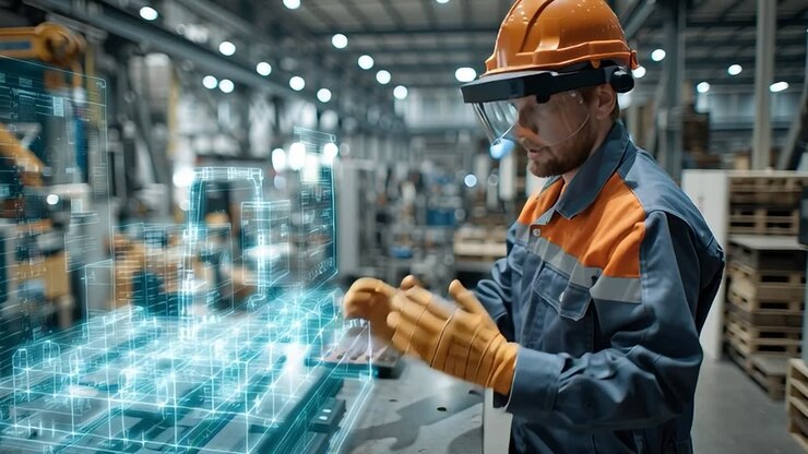 Factory worker using augmented reality for enhanced production tasks