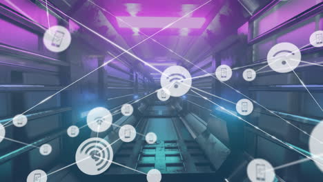 animation of network of connections with icons over neon tunnel background